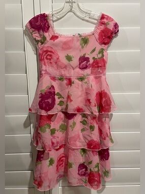 Basic Editions Pink Floral Tiered Party Dress size 10/12